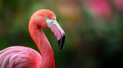  A tight shot of a pink flamingo against a softly blurred backdrop, with a pink bloom in sharp focus before it