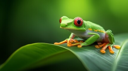 Naklejka premium A green frog sits atop a green leaf, bearing a red-eyed frog on its back
