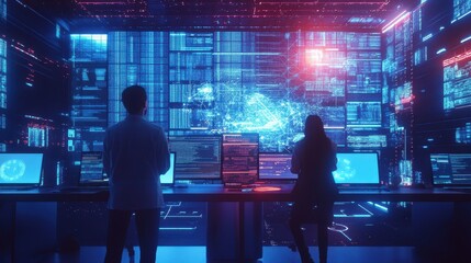 Futuristic Control Room with Glowing Digital Display