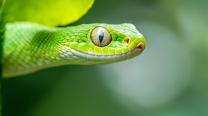 Fototapeta premium A tight shot of a green snake's eye perched on a branch against a backdrop of a verdant leaf