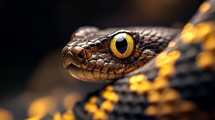 Fototapeta premium A tight shot of a snake's head against a black backdrop, its eye encircled by vivid yellow and black rings