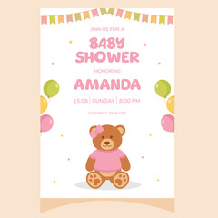 Baby shower party invitation. It's a girl. Invitation with teddy bear toy. Template for party invitation, poster, greeting card.