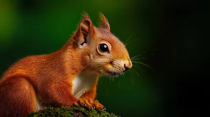 Poster de jardin Écureuil  A red squirrel atop a moss-covered tree stump, gazing at the camera with inquisitive expression  © Wall