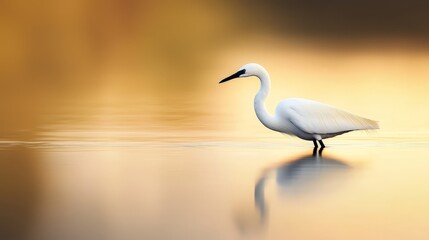 Obraz premium A white bird atop a body of water Yellow and brown backdrop Reflection of its body in the mirror-like surface