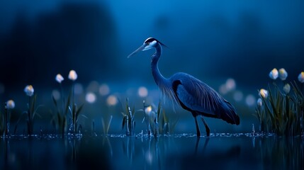Naklejka premium A blue heron stands in a body of water, surrounded by flowers in the foreground Behind, a tranquil blue sky extends