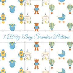 Baby shower set of seamless patterns. It's a boy. Seamless patterns with overalls, rocket, air balloon, baby carriage, carousel pendant, teddy bear toy.