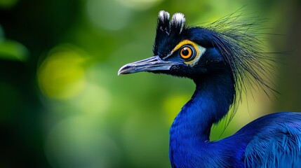  A tight shot of a blue bird with a lengthy neck and a black head, featuring a bright yellow eye against a hazy backdrop