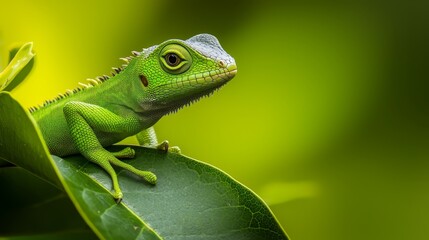  A tight shot of a green lizard atop a verdant branch, surrounded by softly blurred foliage and background