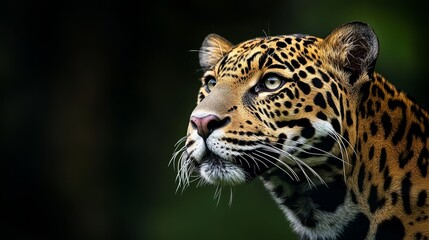 Obraz premium A tight shot of a leopard's face against a blurred backdrop of trees