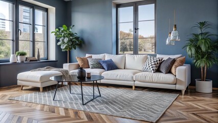 White sofa on wooden parquet. Minimalist, scandinavian home interior design of modern living room.
