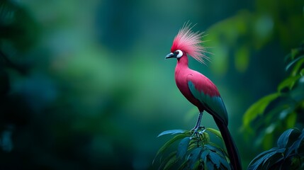  A red bird with a pink mohawk perches atop a tree branch against a backdrop of a lush, green forest