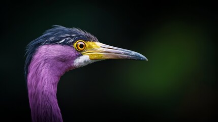Obraz premium A tight shot of a purplish-black bird with an elongated neck and a vivid yellow beak against a pitch-black backdrop