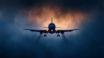  A large jetliner flies through a cloudy sky with a beacon of light at its landing gear's end
