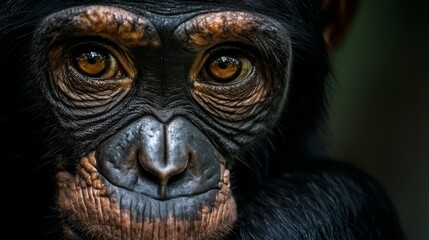  A tight shot of a monkey's expressionive face, its intense gaze fixed with yellow eyes