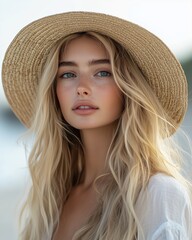 Portrait of a beautiful woman with a straw hat at the beach, front view