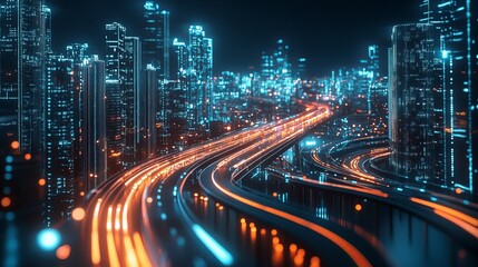 Fototapeta premium Intricate digital towers form a futuristic highway, showcasing the power of advanced technologies like AI, big data, and virtual reality.