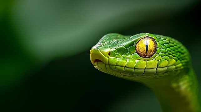  A tight shot of a green snake's head, displaying a vibrant yellow eye