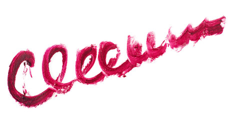 Pink colored brush stroke painting isolated over white background, pink lipstick smudge. Lipstick smear smudge. Makeup cream texture.