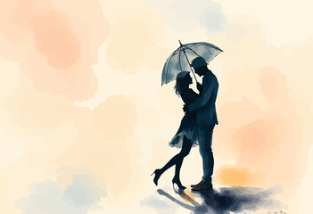 Editable vector illustration of a realistically beautiful couple in black silhouette isolated on a vibrant background. romantic Couple watercolor painting