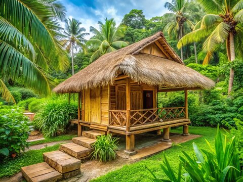 Traditional Filipino nipa hut with thatched roof, bamboo walls, and wooden pillars, surrounded by lush greenery and a