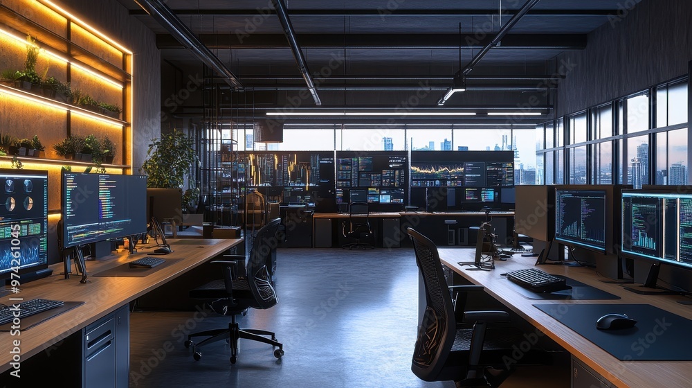 Poster modern tech office with multiple workstations and analytics screens