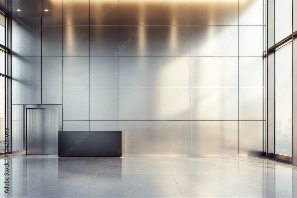 Poster a sleek and modern office lobby showcasing an elevator, a minimalist counter area, and expansive win
