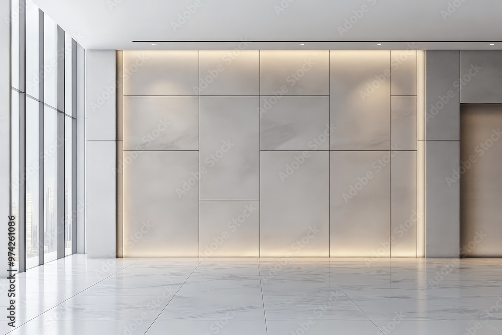 Aufkleber a bright minimalist interior with geometric wall patterns and spotlighting. large windows allow natu