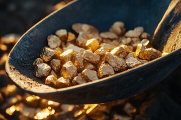 This picture showcases a scoop filled with shiny, rough gold ore rocks, meticulously gathered,...