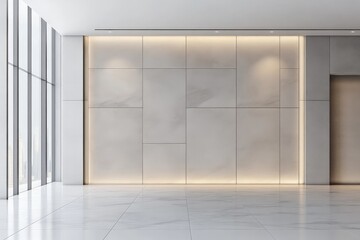 Fototapeta premium A bright minimalist interior with geometric wall patterns and spotlighting. Large windows allow natural light to flood the space, enhancing the clean aesthetic.