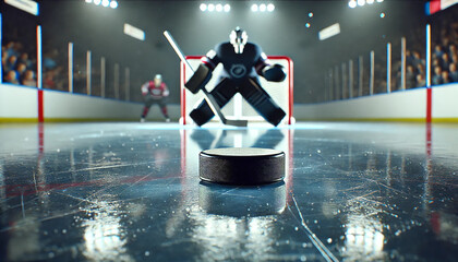 A hockey game is in progress with a goalie trying to block a shot. The goalie is wearing a black jersey with a lightning bolt on the front