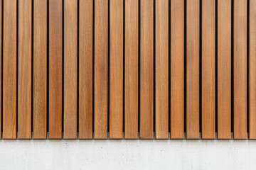 The image showcases a modern design featuring vertical wooden slats with a light concrete base, highlighting a contemporary architectural style in a clean and minimalistic setting.