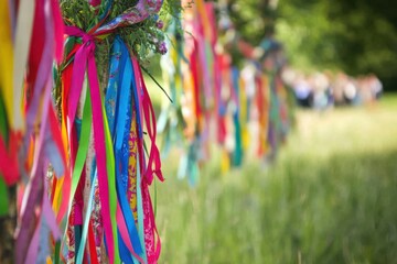 Vibrant streamers decorating a traditional english maypole festivity