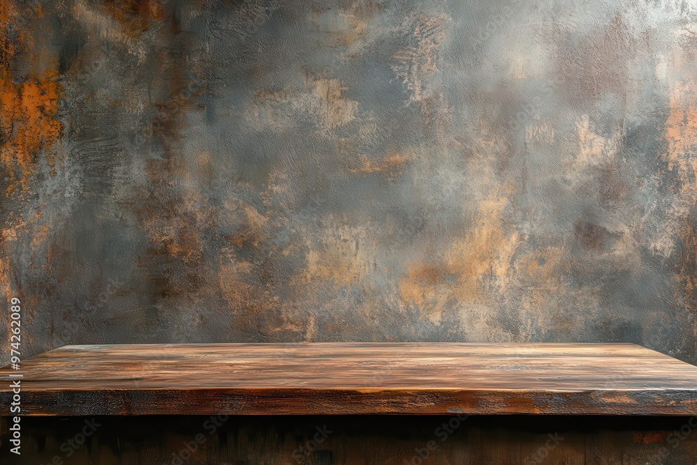 Poster american-inspired setting - empty wooden table for displaying showcases