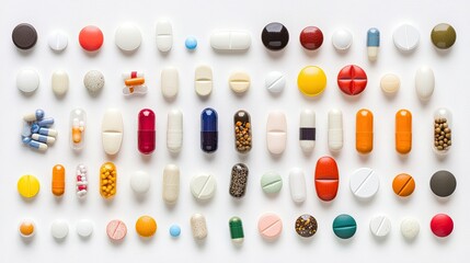 An assortment of different types of pills and capsules arranged in rows on a white background.