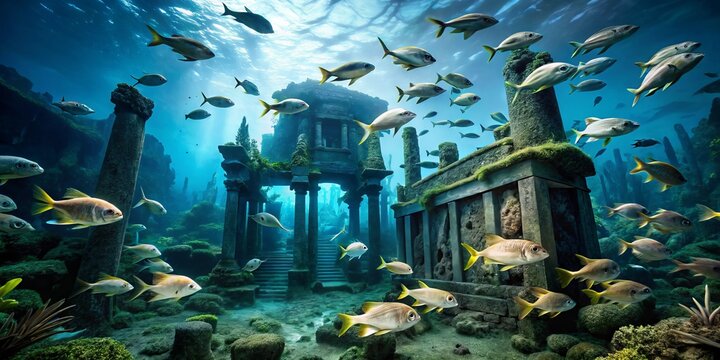 Underwater scene featuring a school of fish swimming amidst a eerie landscape of sunken skeletons, coral, and