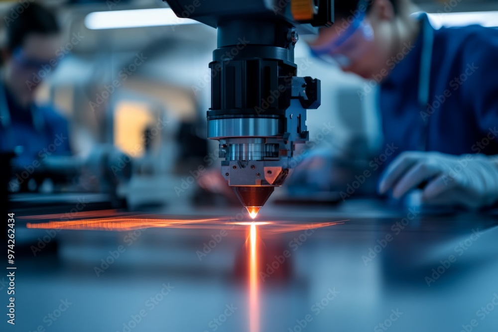 Poster a close-up view of a high-tech laser cutting machine in action, emitting bright sparks while precise