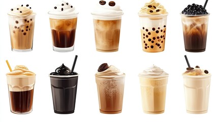An assortment of ten delicious iced coffee drinks, perfect for a summer day. The drinks are in clear plastic cups with various toppings, including whipped cream, chocolate, and boba pearls.
