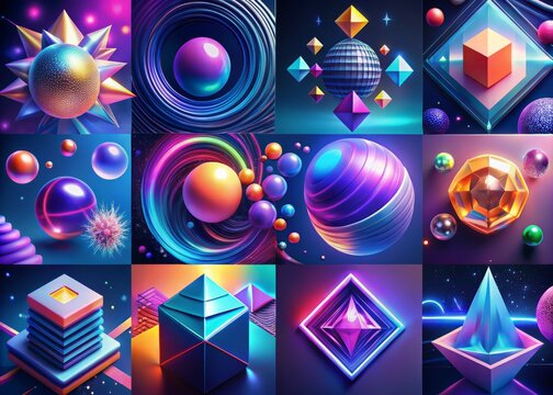 Vibrant 3D animations and sleek motion graphics templates for video editing, featuring stylized shapes, futuristic