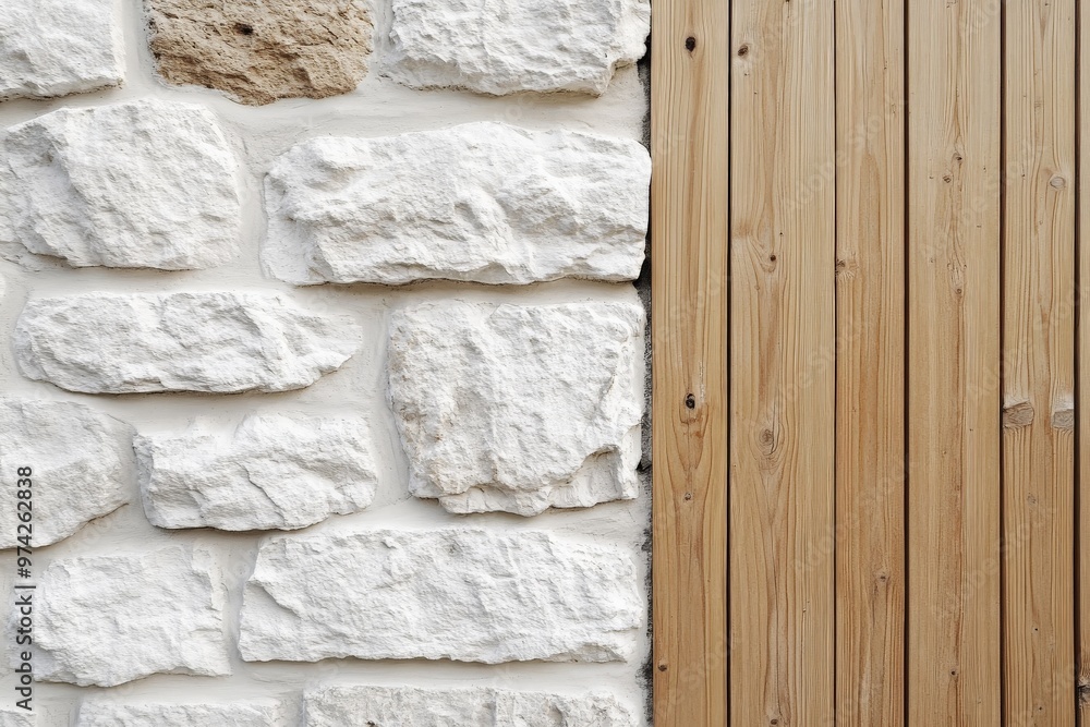 Poster a rustic natural wall composition featuring light wooden panels and rough stone elements, creating a