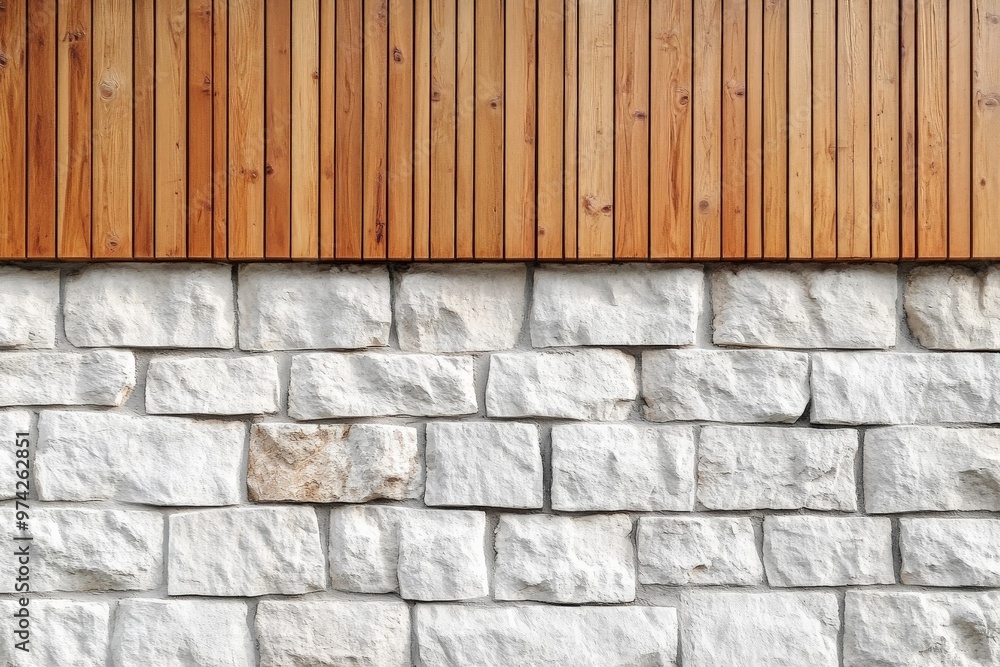 Poster a seamless integration of wooden panels and stone bricks in an architectural wall design, highlighti