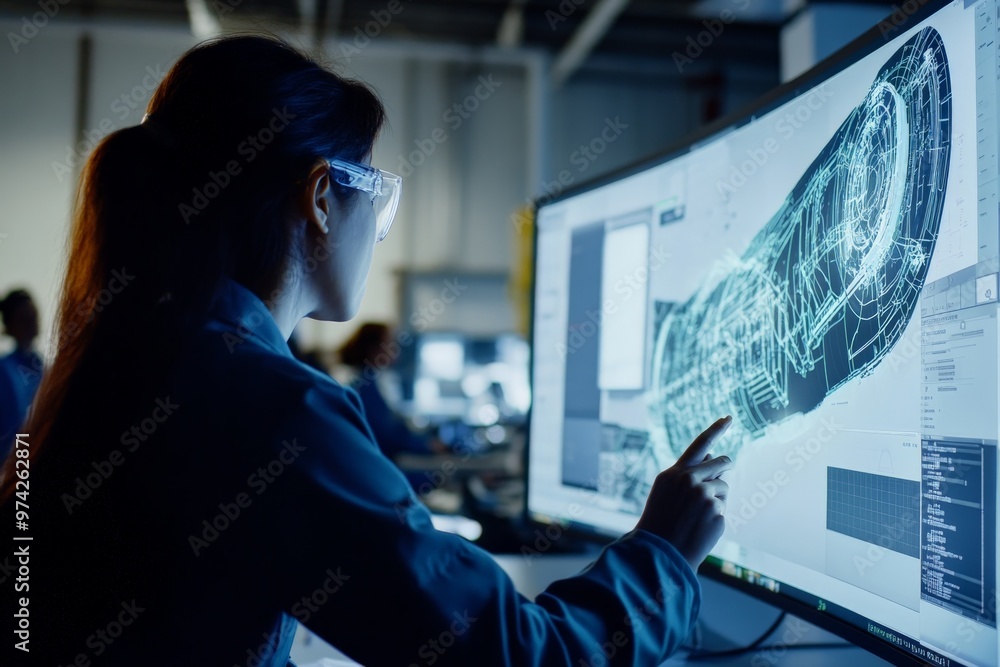 Poster A female engineer wearing safety glasses uses CAD software displayed on a large screen to design complex machinery with precision and innovation in a modern workspace.