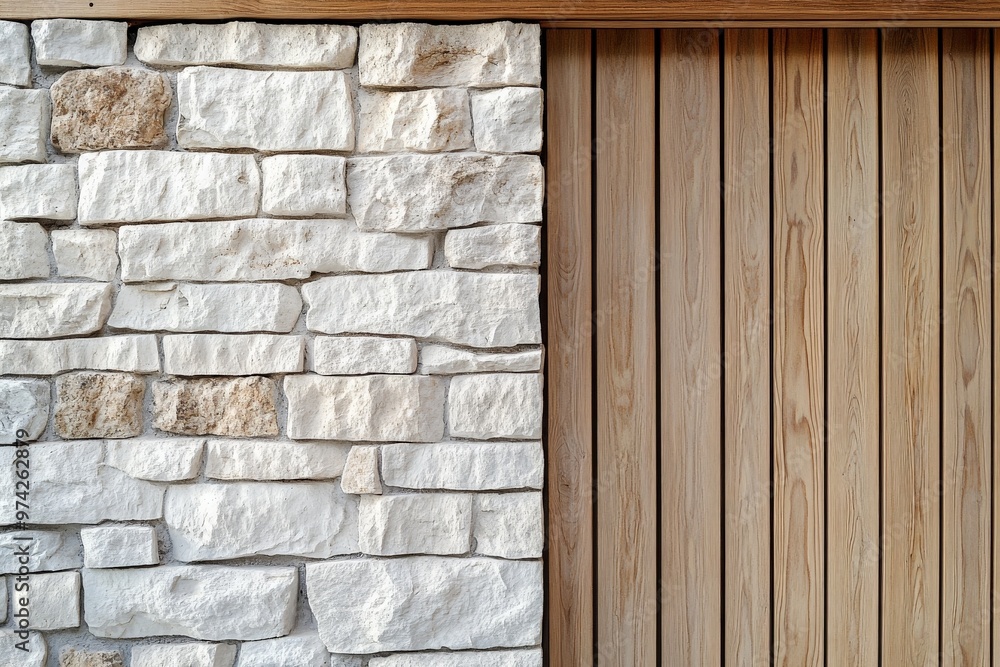 Aufkleber A modern rustic wall design featuring a blend of vertical wooden planks and textured stone elements, creating a visually striking and harmoniously balanced composition.