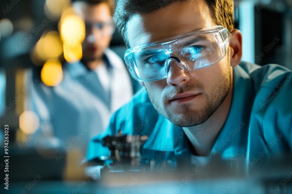Poster image of a scientist closely examining advanced laboratory equipment, showcasing the focus on scient
