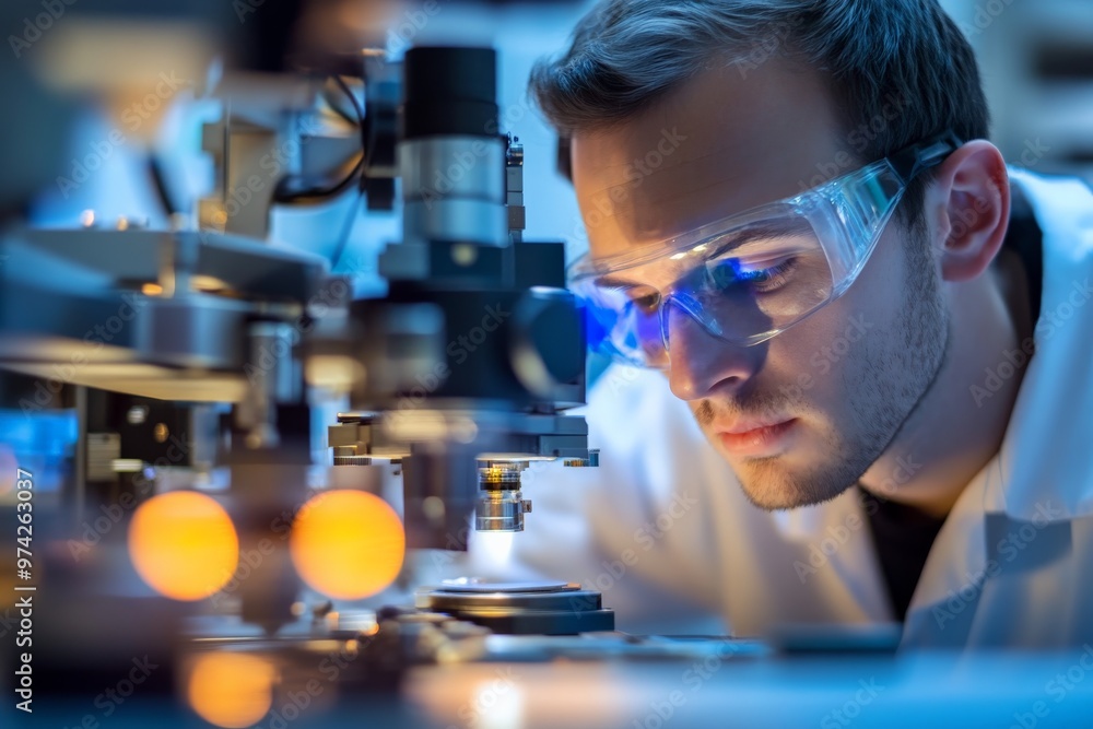 Poster a researcher operates a microscope in a state-of-the-art laboratory, demonstrating the dedication to