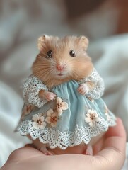 A small , fluffy hamster wearing a light blue floral dress with lace edges
