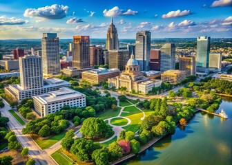 Naklejka premium Vibrant aerial view of Austin's downtown area showcasing the Texas State Capitol building surrounded by modern