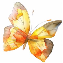 Colorful yellow orange butterfly with translucent wings on a white background