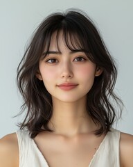 Fototapeta premium Beautiful young Japanese woman with shoulder-length, banged hair, against a white background
