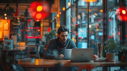 Remote Worker in a High-Speed Internet Enabled Modern Workspace with Vibrant Double Exposure