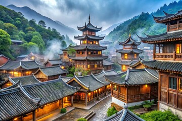 Vibrant ancient pagoda-style dwellings with curved tile rooftops, intricately carved wooden doors, and ornate lanterns